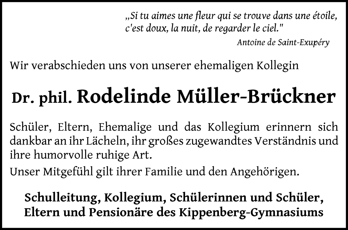 Traueranzeige von Rodelinde Müller-Brückner von WESER-KURIER