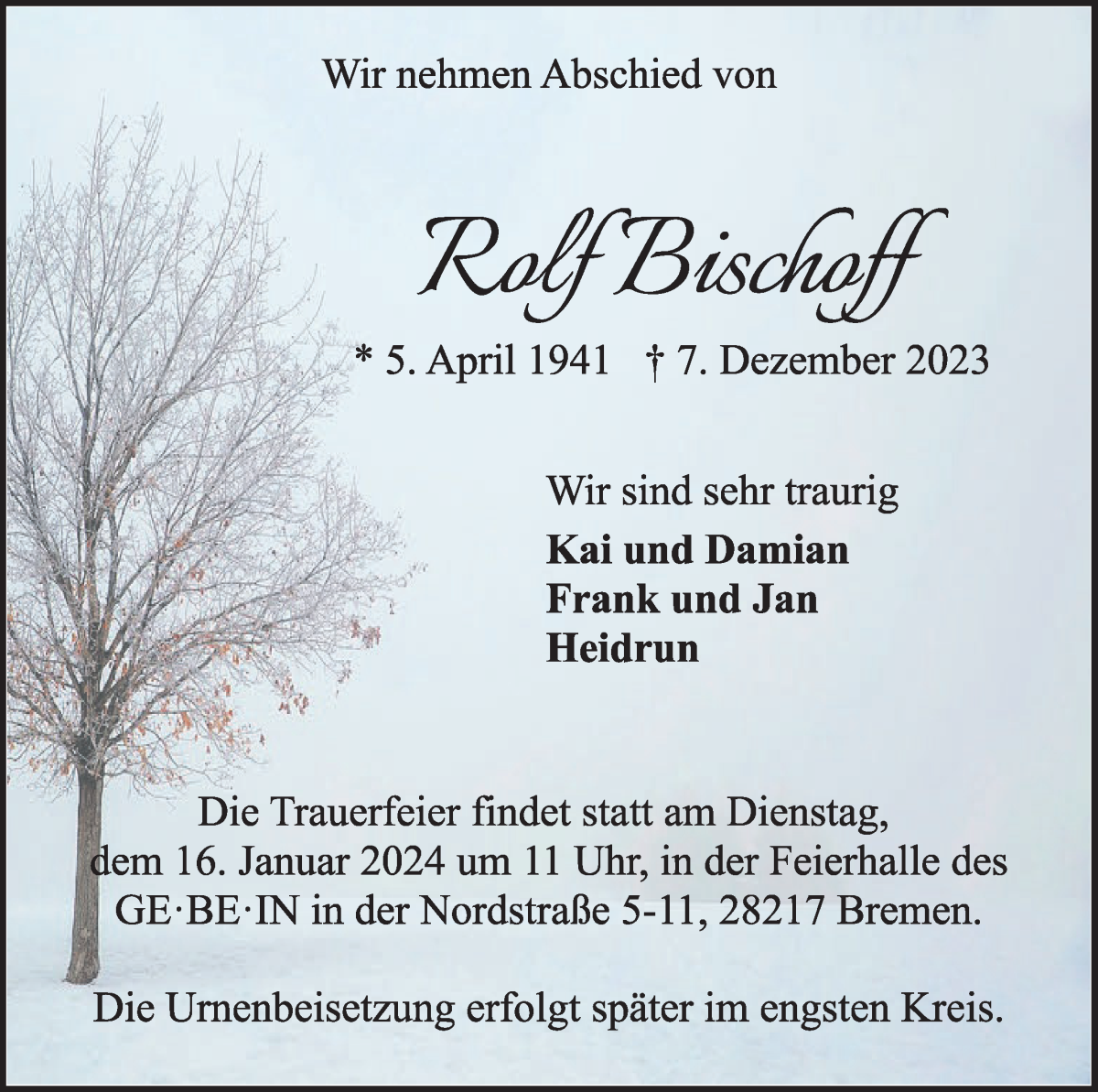 Traueranzeige von Rolf Bischoff von WESER-KURIER