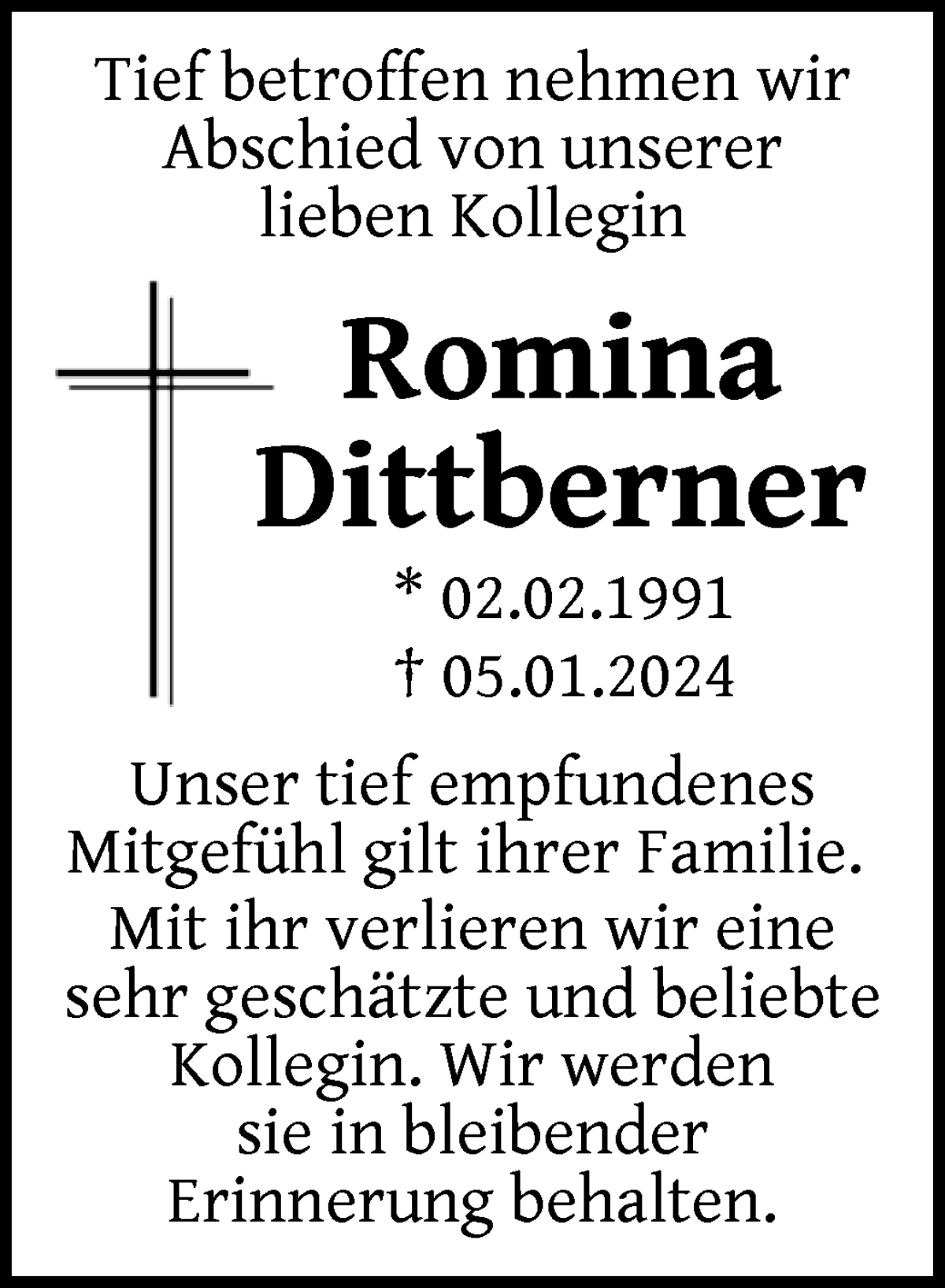  Traueranzeige für Romina Dittberner vom 19.01.2024 aus WESER-KURIER