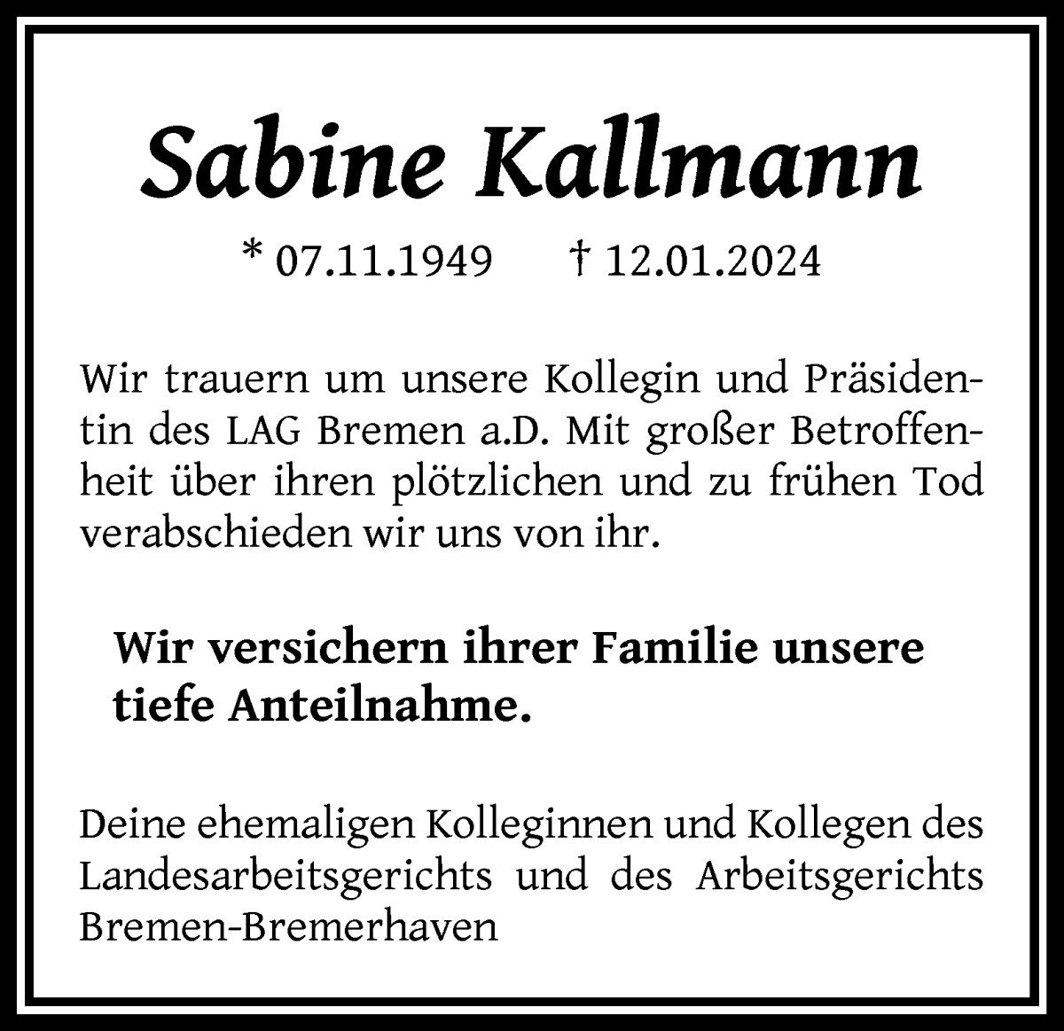  Traueranzeige für Sabine Kallmann vom 20.01.2024 aus WESER-KURIER