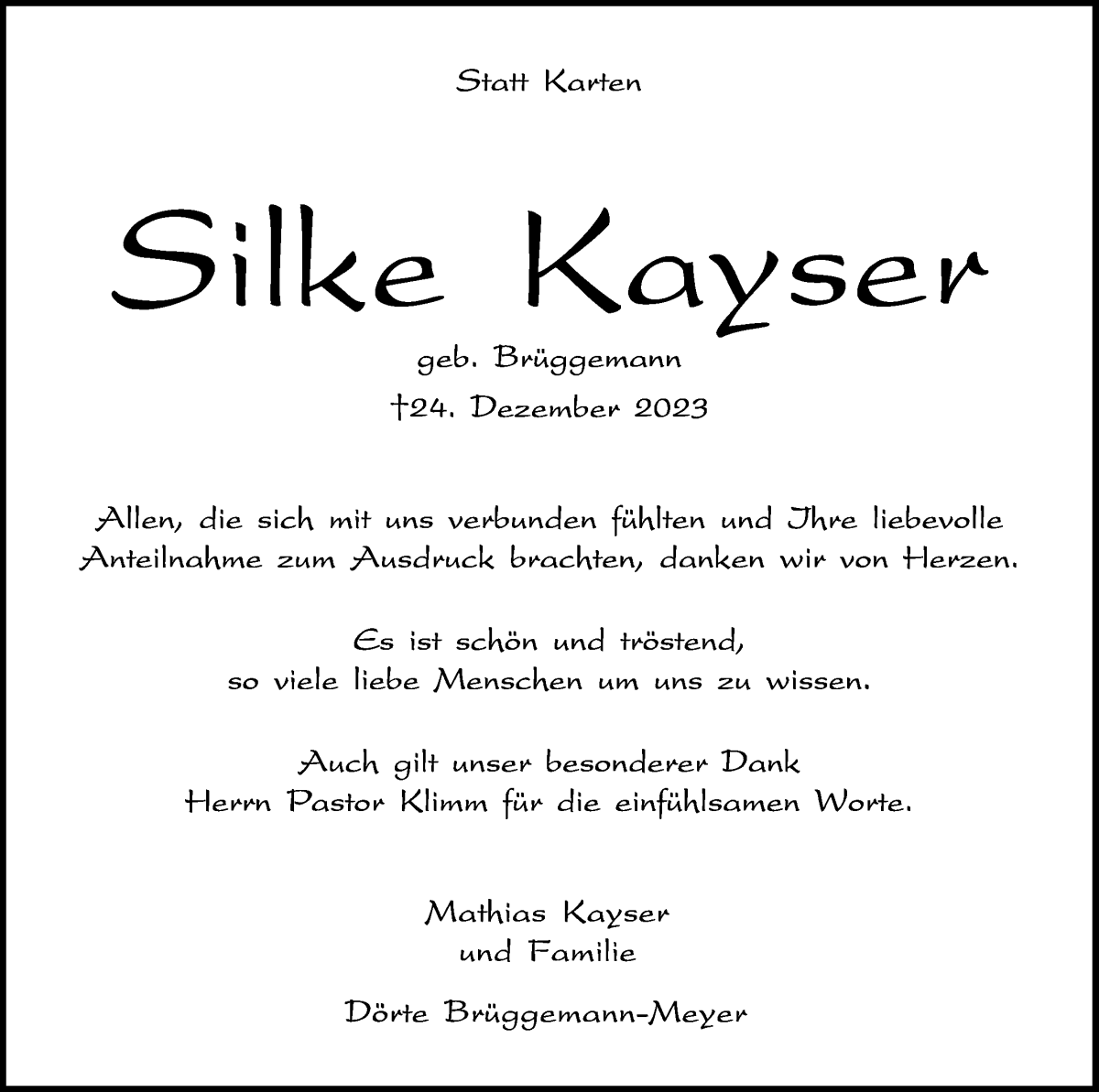 Traueranzeige von Silke Kayser von WESER-KURIER