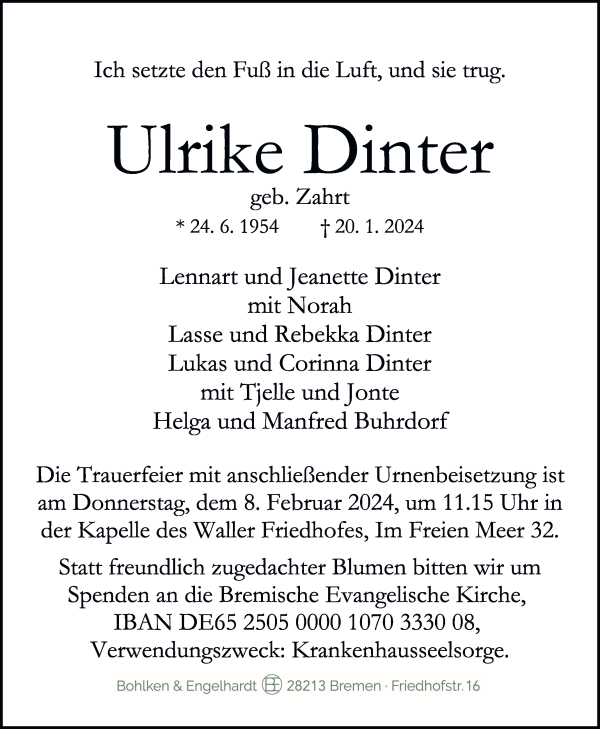 Traueranzeige von Ulrike Dinter