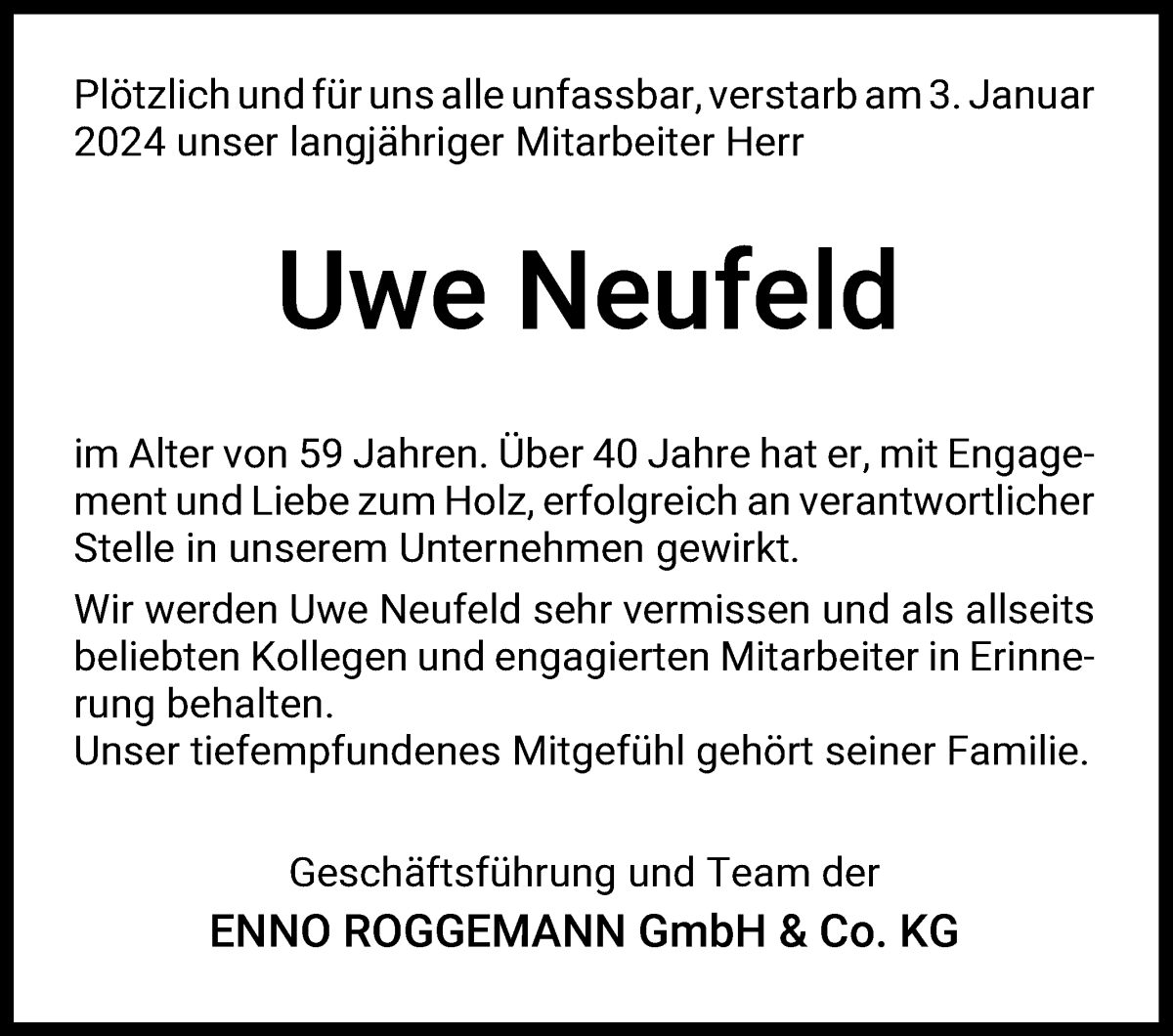  Traueranzeige für Uwe Neufeld vom 13.01.2024 aus WESER-KURIER
