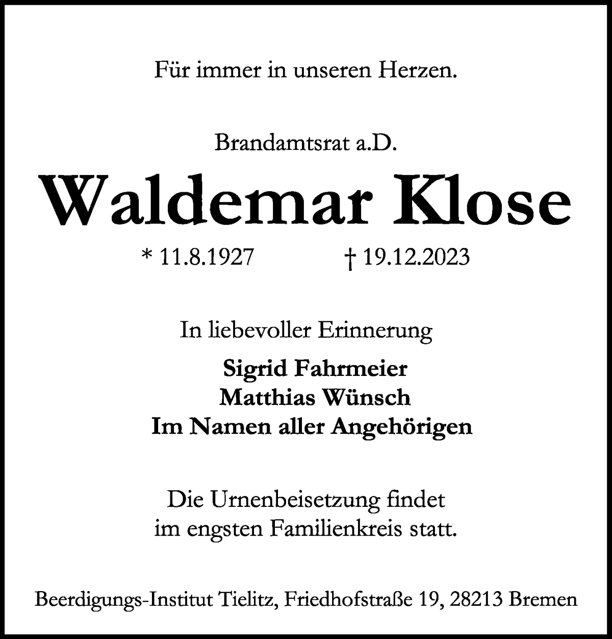 Traueranzeige von Waldemar Klose von WESER-KURIER