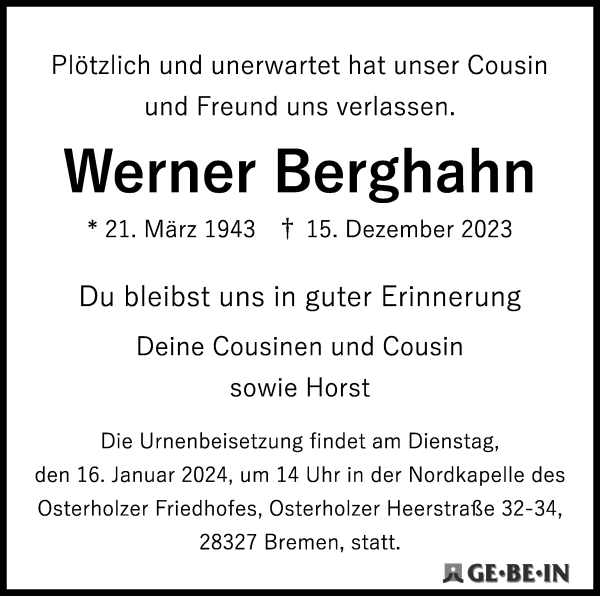 Traueranzeige von Werner Berghahn von WESER-KURIER