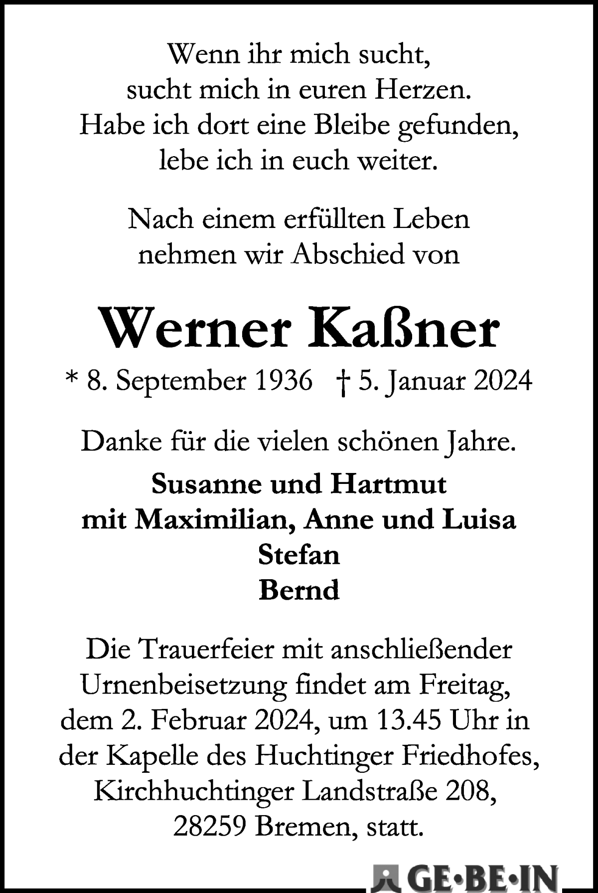 Traueranzeige von Werner Kaßner von WESER-KURIER