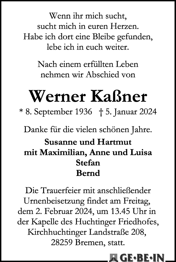 Traueranzeige von Werner Kaßner von WESER-KURIER