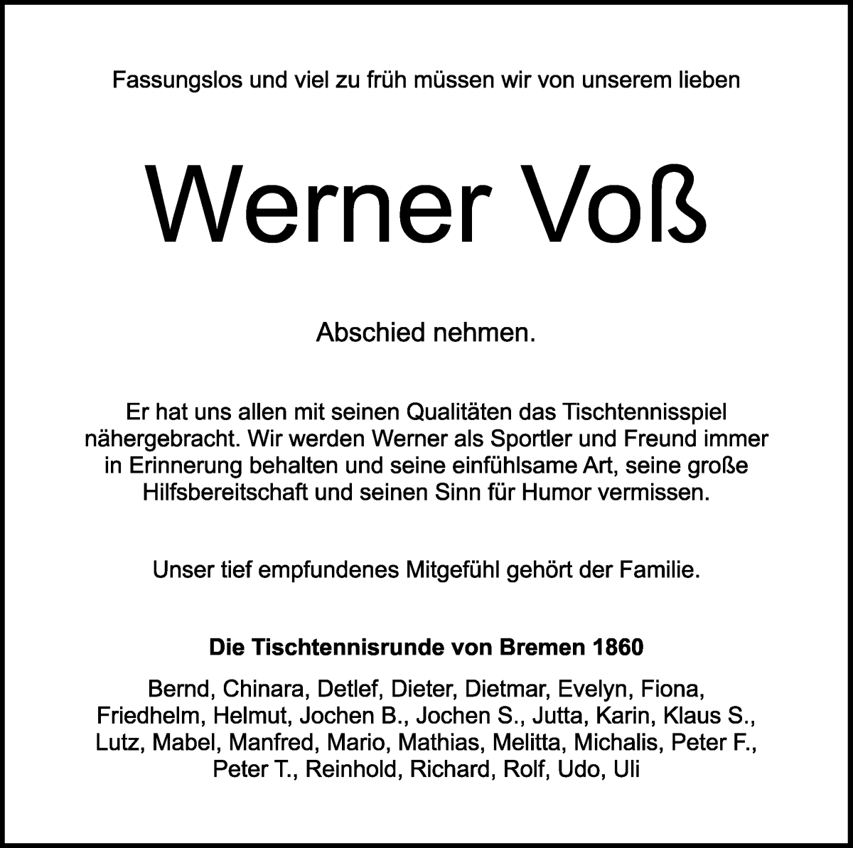 Traueranzeige von Werner Voß von WESER-KURIER