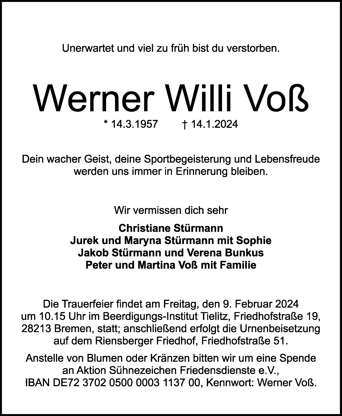 Traueranzeige von Werner Willi Voß von WESER-KURIER