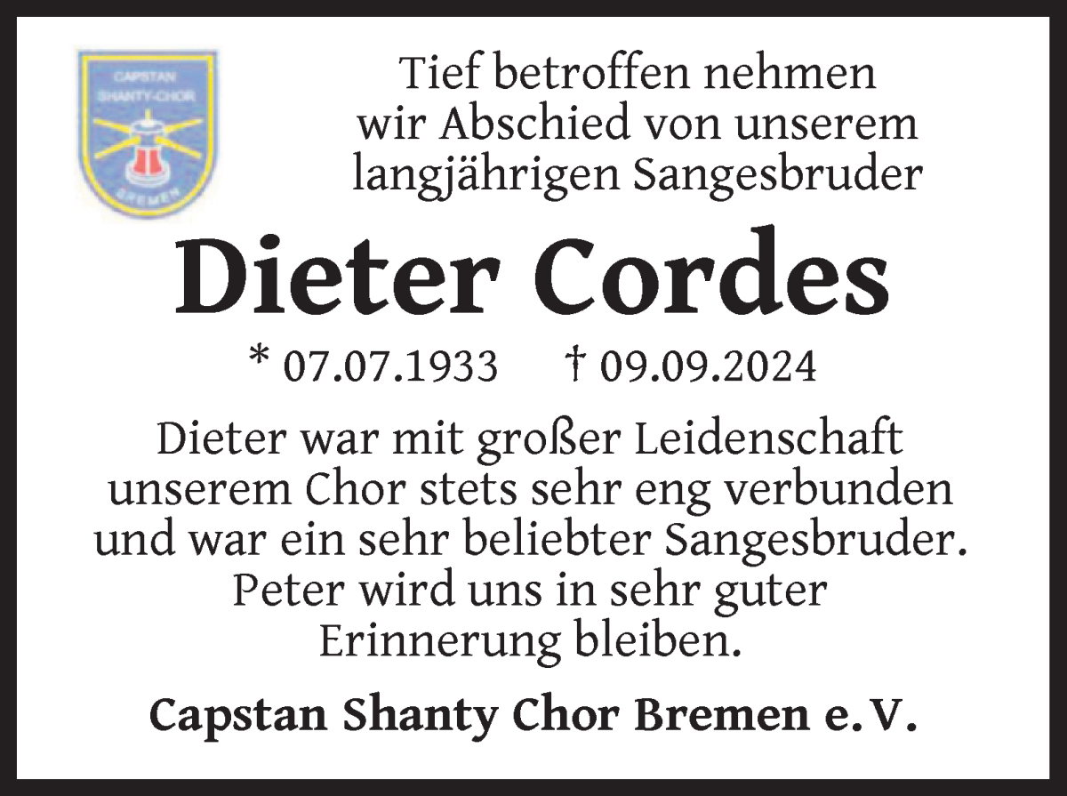 Traueranzeige von Alfred Dieter Cordes von WESER-KURIER