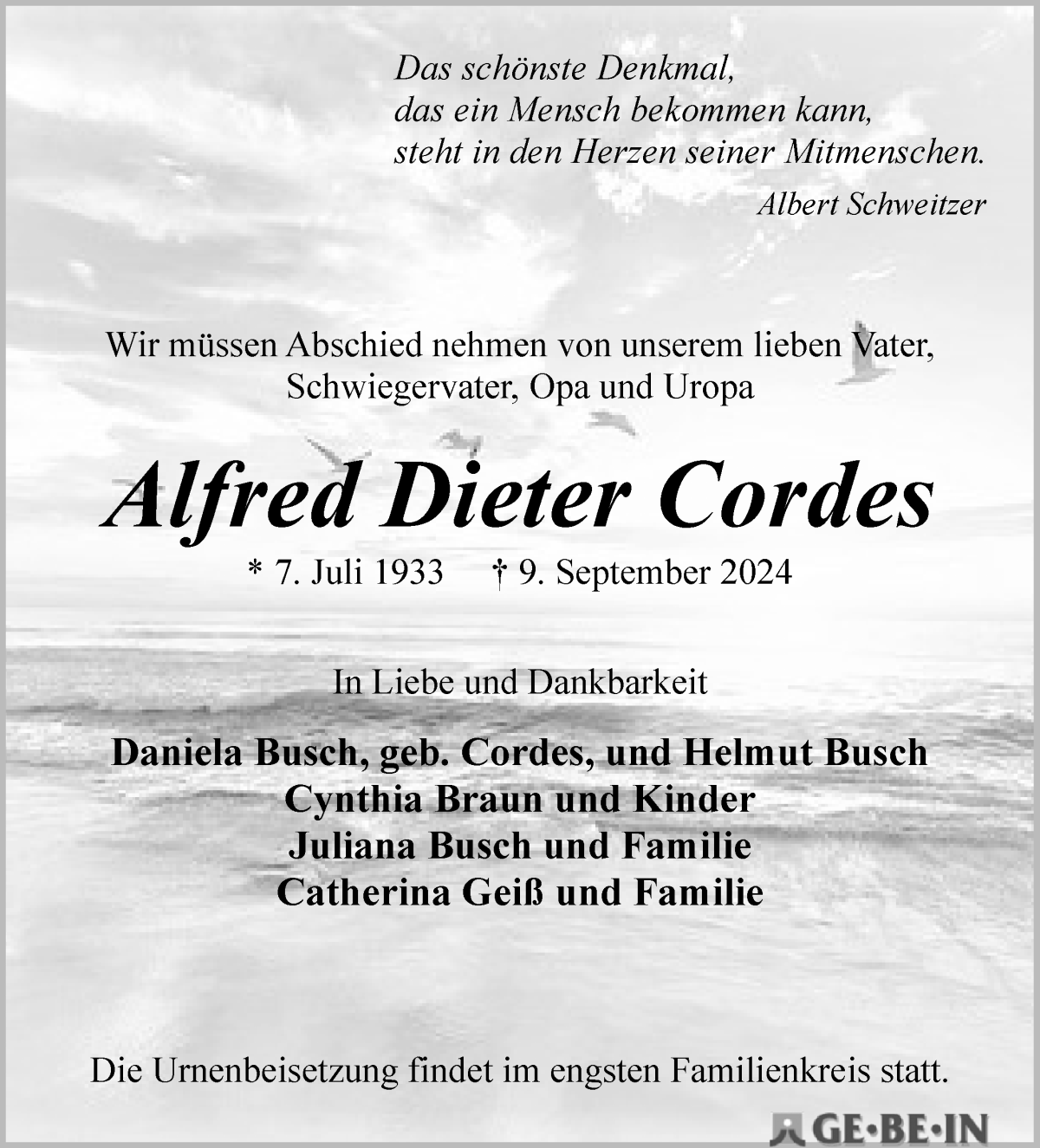 Traueranzeige von Alfred Dieter Cordes von WESER-KURIER