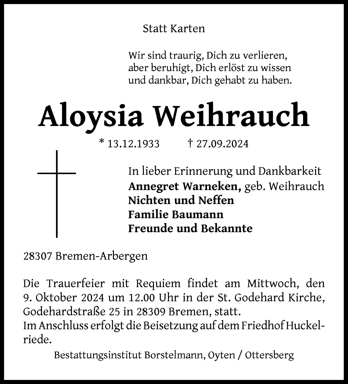 Traueranzeige von Aloysia Weihrauch von WESER-KURIER