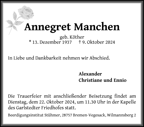 Traueranzeige von Annegret Manchen von Osterholzer Kreisblatt