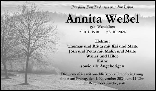 Traueranzeige von Annita Weßel von Wuemme Zeitung