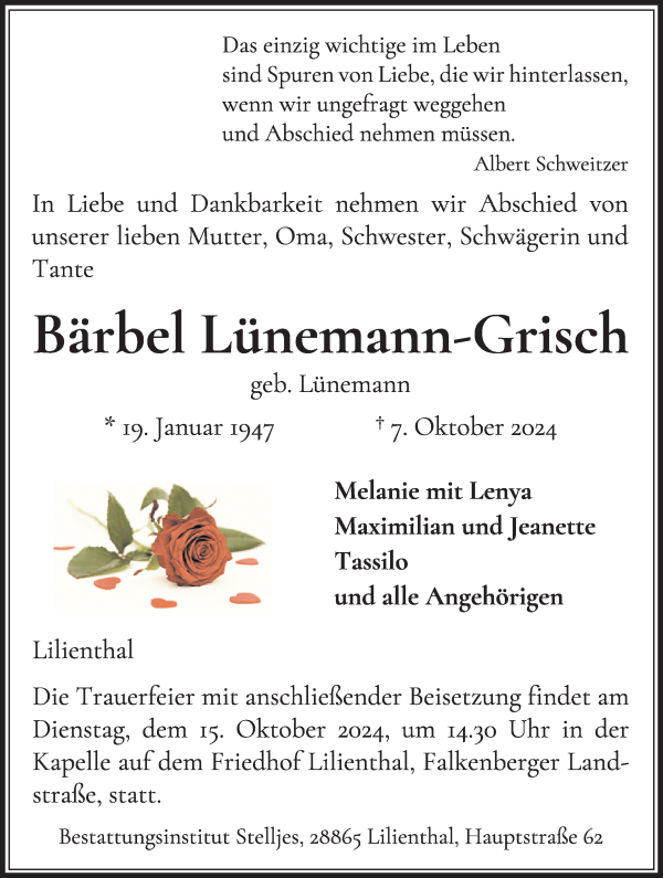 Traueranzeige von Bärbel Lünemann-Grisch von Wuemme Zeitung