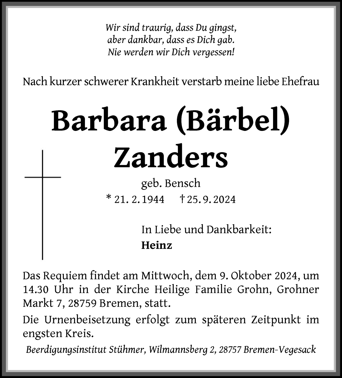 Traueranzeige von Barbara (Bärbel) Zanders von Die Norddeutsche