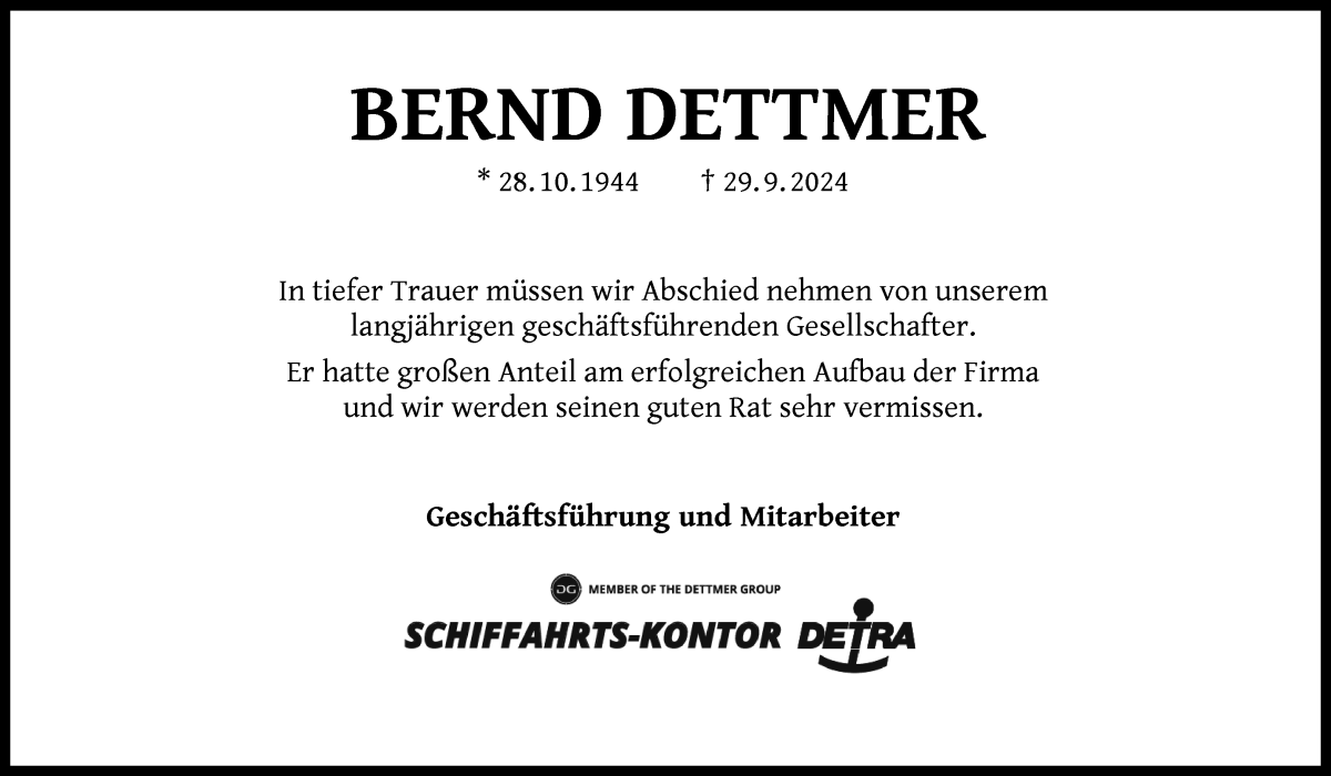 Traueranzeige von Bernd Dettmer von WESER-KURIER