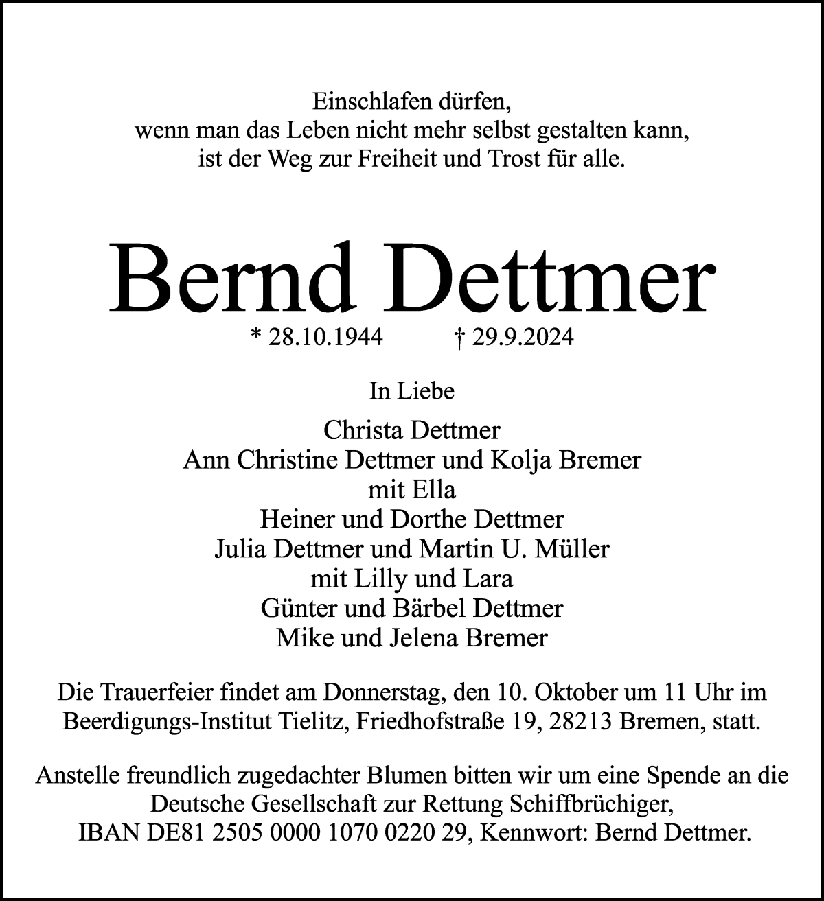 Traueranzeige von Bernd Dettmer von WESER-KURIER