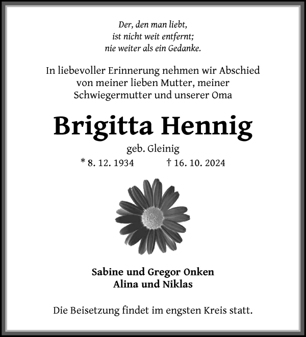 Traueranzeige von Brigitta Hennig von Die Norddeutsche