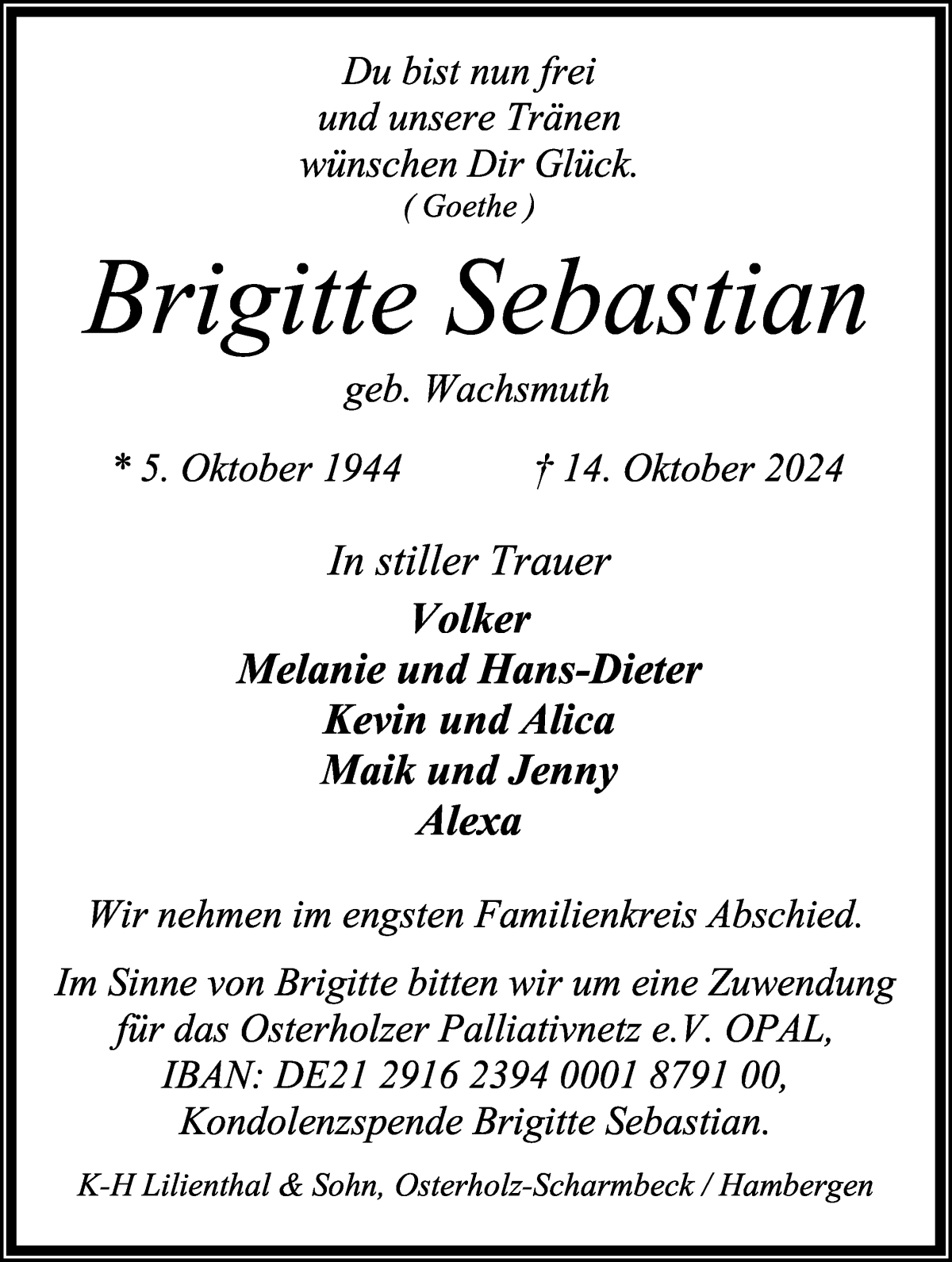 Traueranzeige von Brigitte Sebastian von Osterholzer Kreisblatt