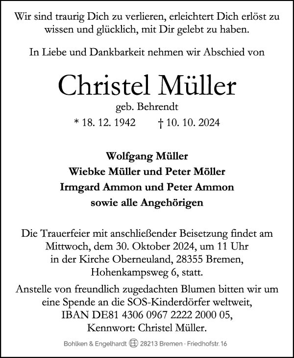 Traueranzeige von Christel Müller von WESER-KURIER