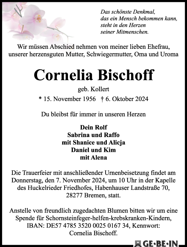 Traueranzeige von Cornelia Bischoff von WESER-KURIER