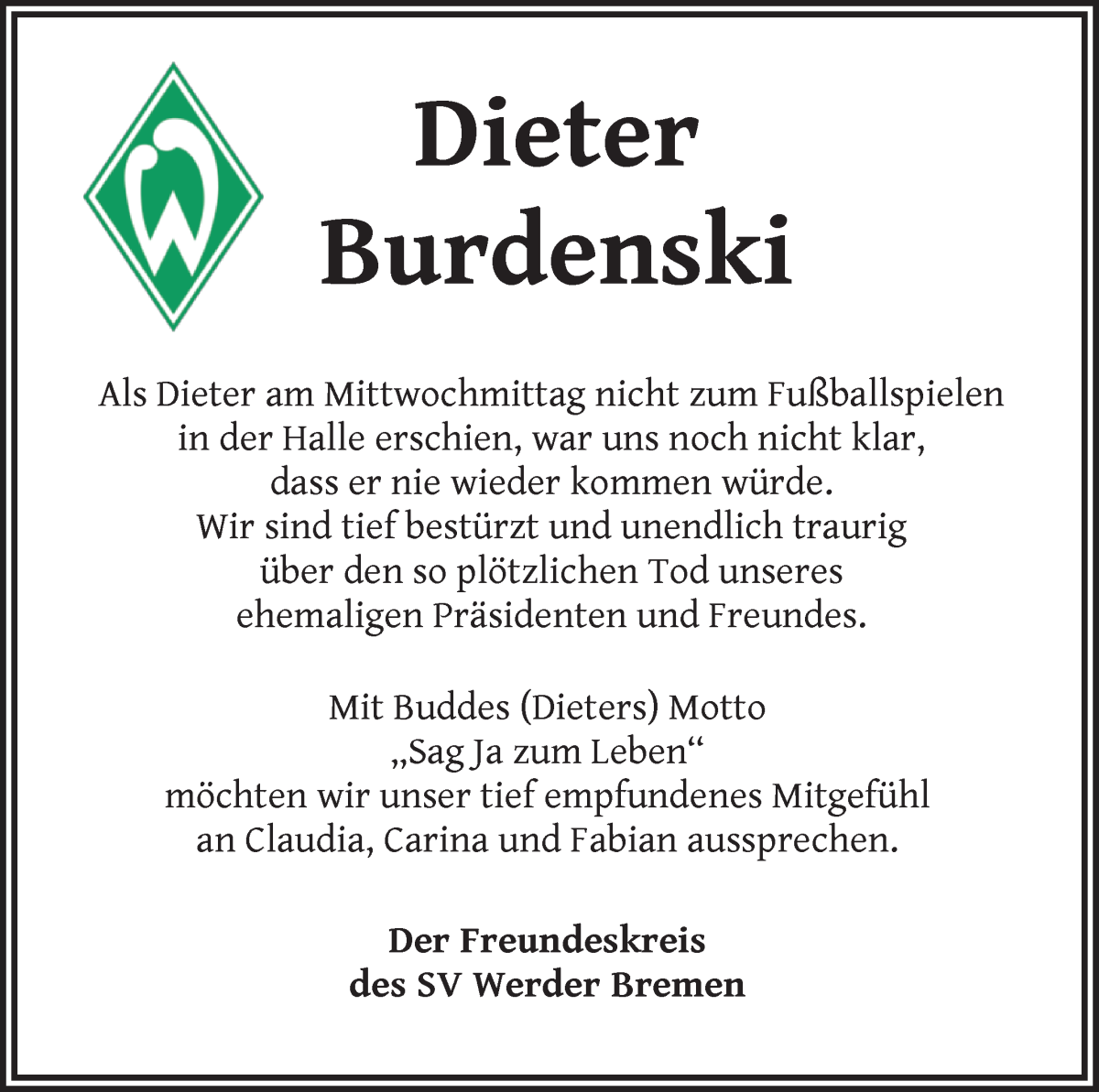  Traueranzeige für Dieter Burdenski vom 19.10.2024 aus WESER-KURIER