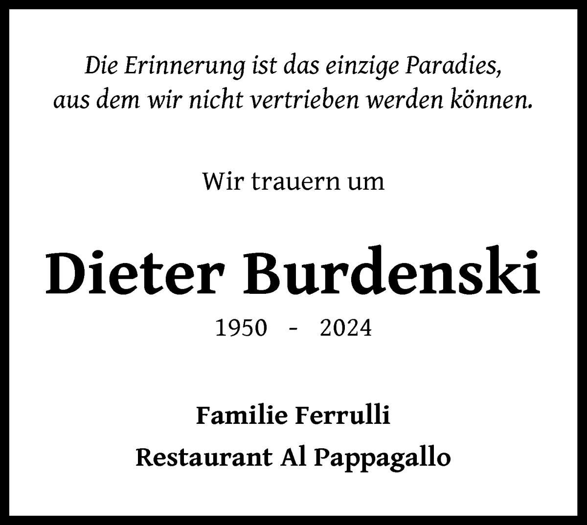  Traueranzeige für Dieter Burdenski vom 19.10.2024 aus WESER-KURIER