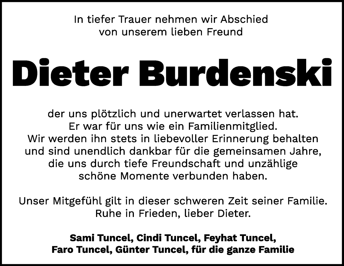  Traueranzeige für Dieter Burdenski vom 19.10.2024 aus WESER-KURIER