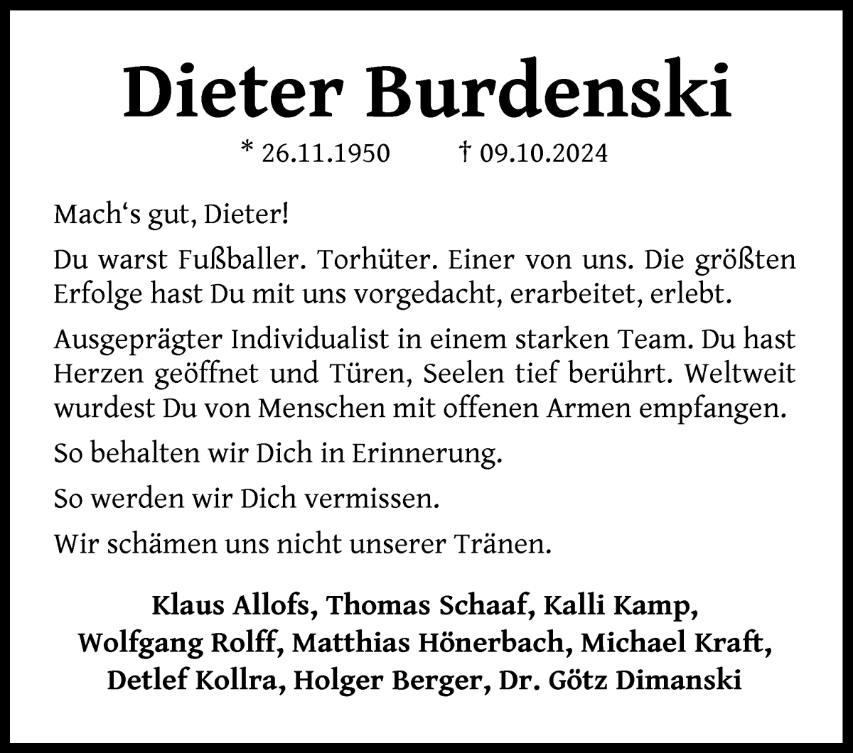  Traueranzeige für Dieter Burdenski vom 19.10.2024 aus WESER-KURIER