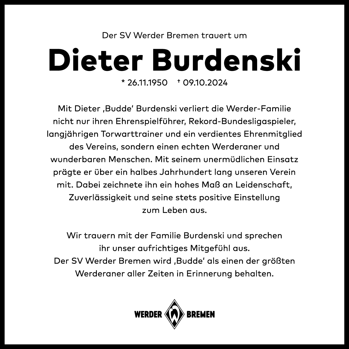  Traueranzeige für Dieter Burdenski vom 19.10.2024 aus WESER-KURIER