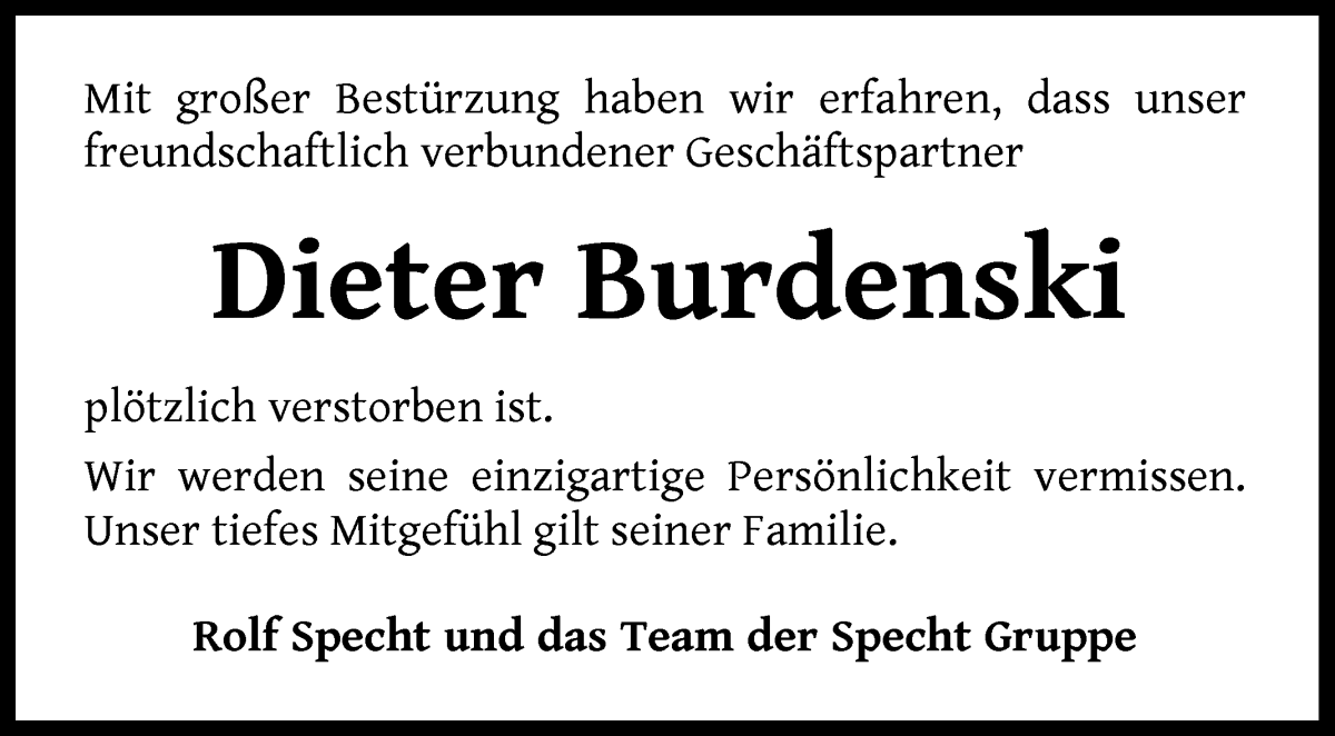  Traueranzeige für Dieter Burdenski vom 19.10.2024 aus WESER-KURIER