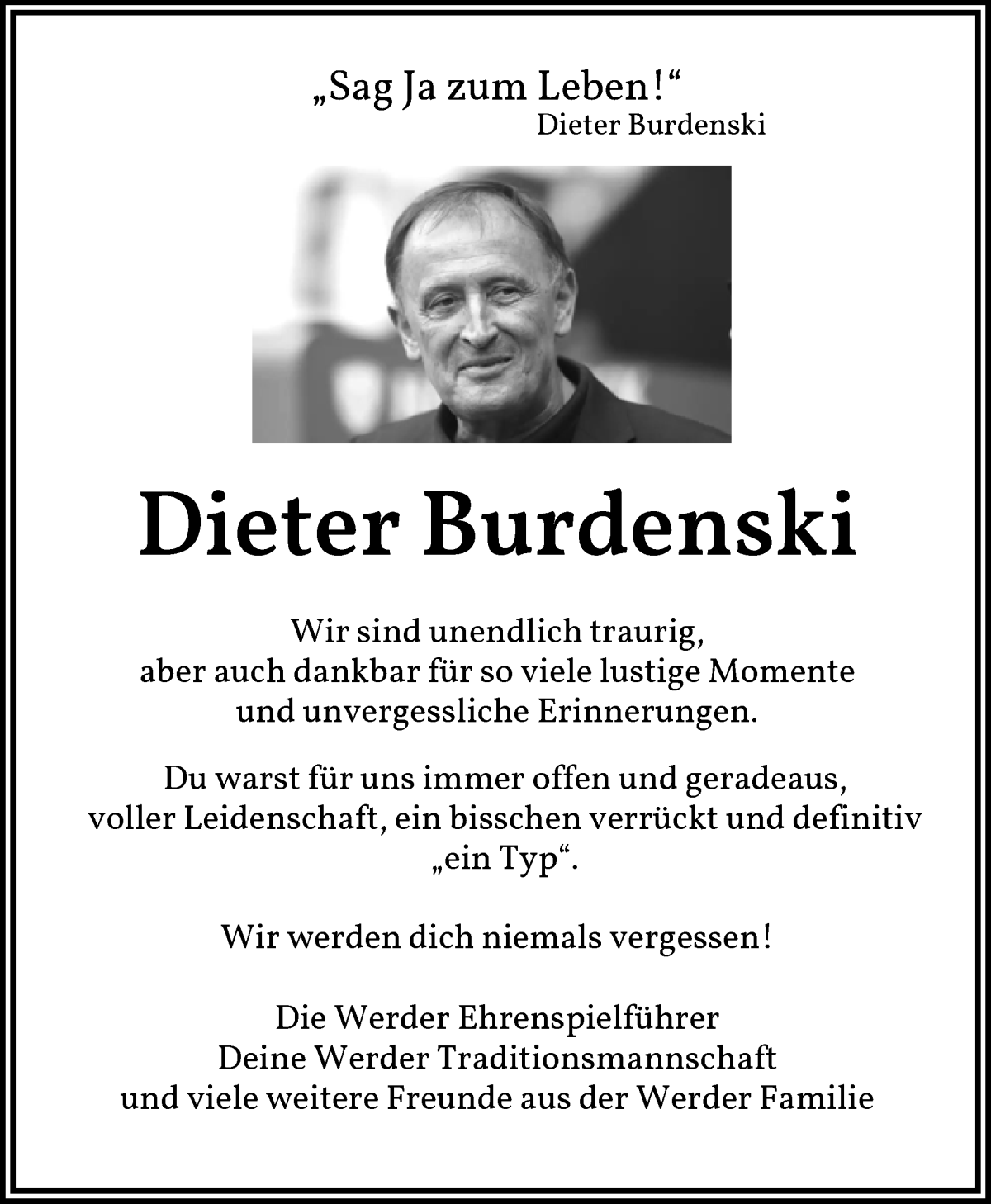  Traueranzeige für Dieter Burdenski vom 19.10.2024 aus WESER-KURIER