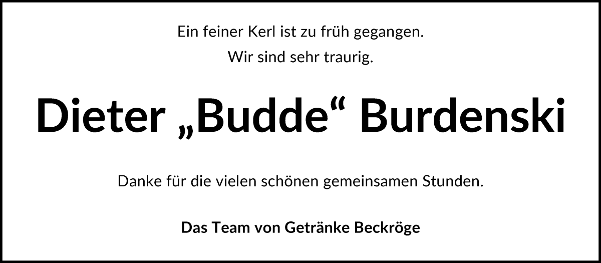  Traueranzeige für Dieter Burdenski vom 19.10.2024 aus WESER-KURIER