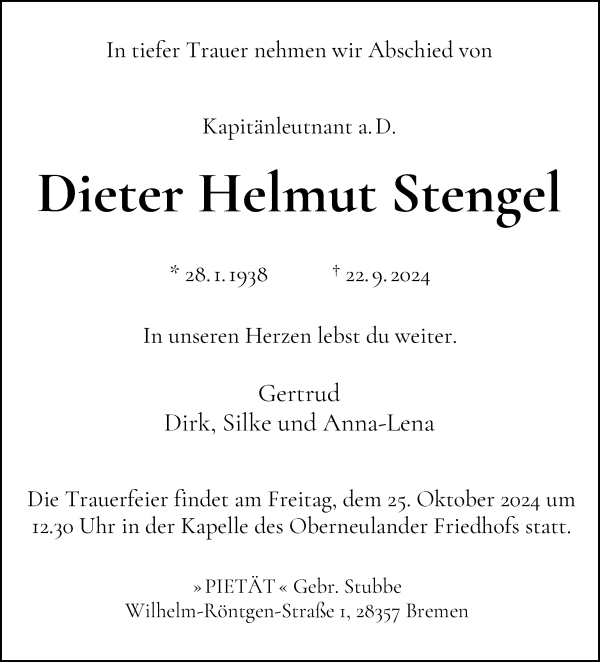 Traueranzeige von Dieter Helmut Stengel von WESER-KURIER