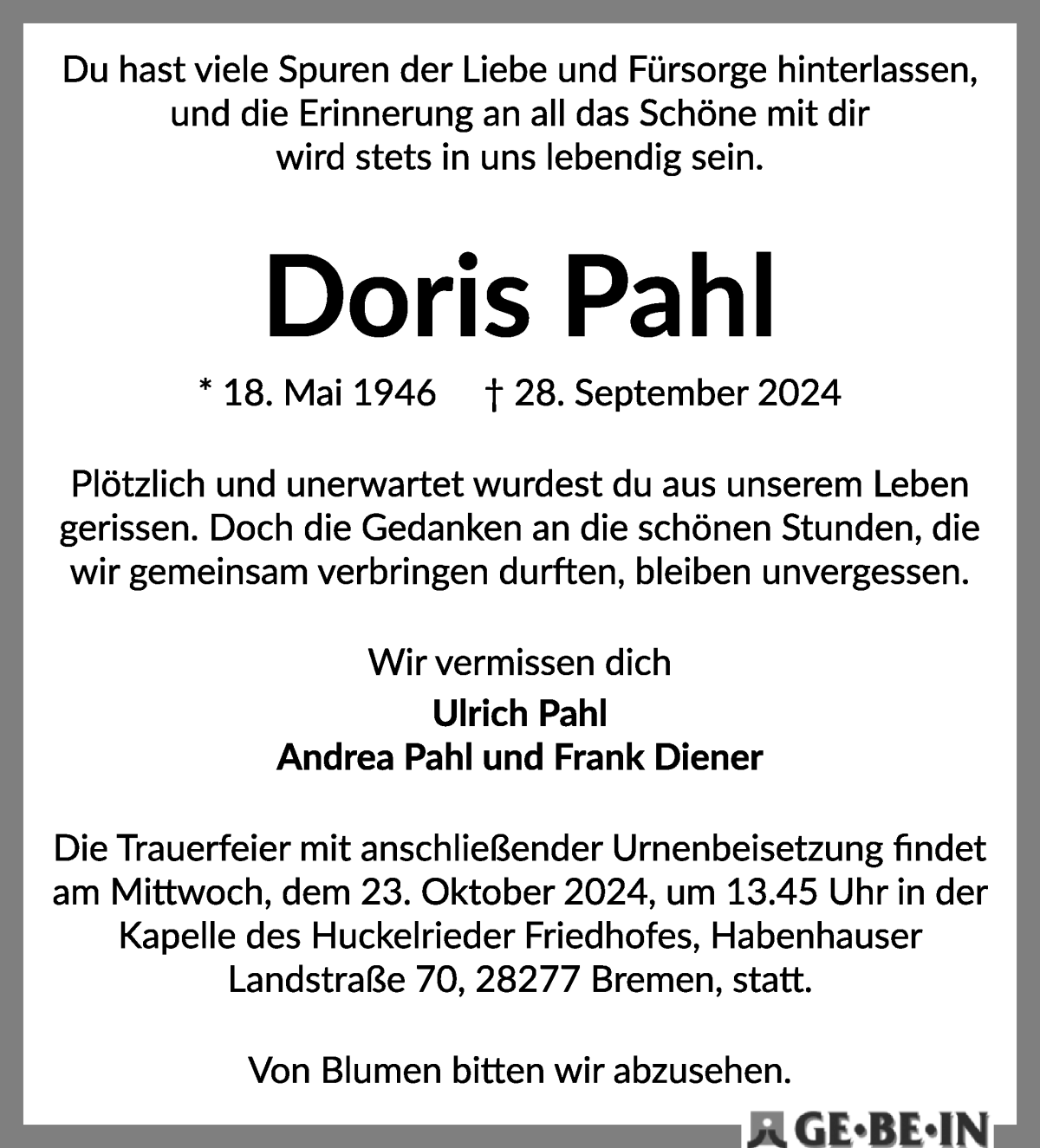 Traueranzeige von Doris Pahl von WESER-KURIER