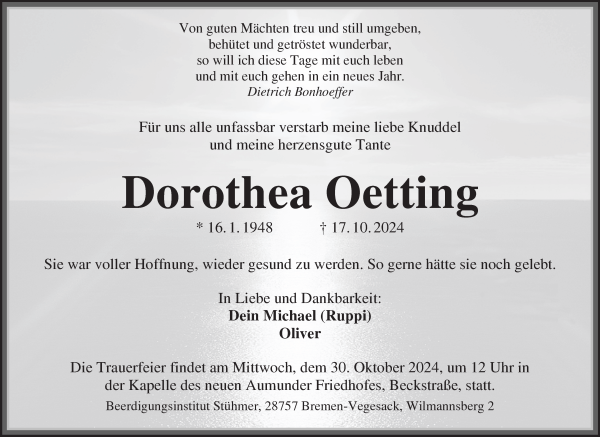 Traueranzeige von Dorothea Oetting von Die Norddeutsche