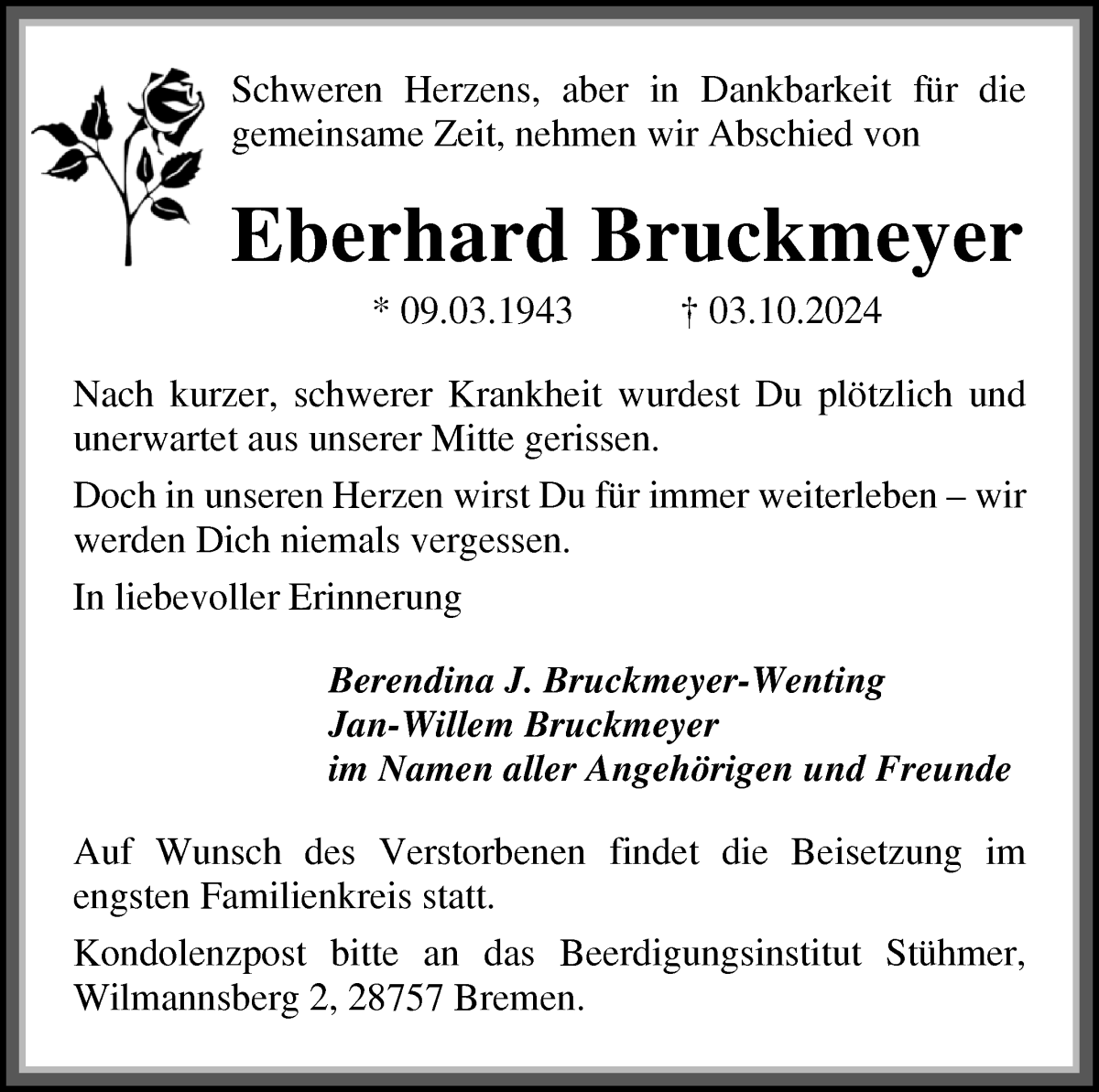 Traueranzeige von Eberhard Bruckmeyer von WESER-KURIER