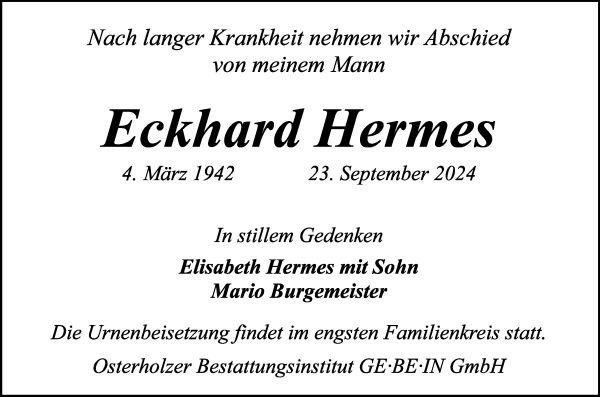 Traueranzeige von Eckhard Hermes von WESER-KURIER