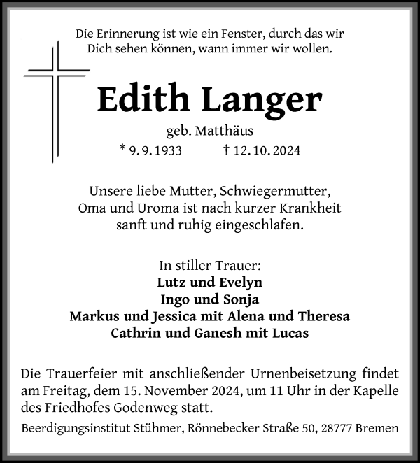 Traueranzeige von Edith Langer von Die Norddeutsche