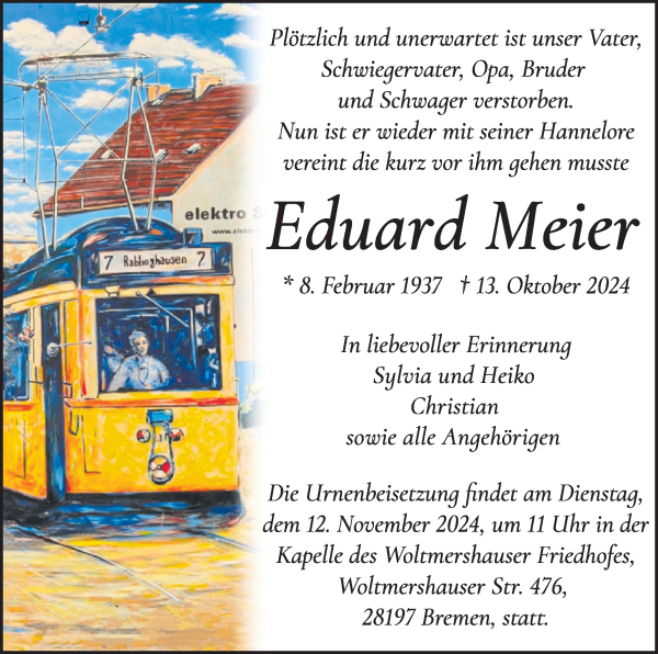 Traueranzeige von Eduard Meier von WESER-KURIER