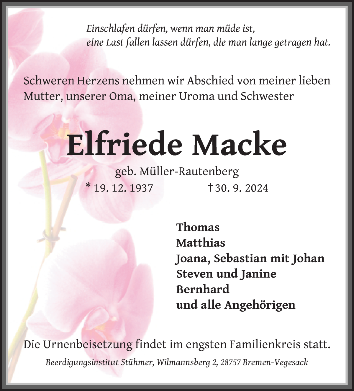 Traueranzeige von Elfriede Macke von Die Norddeutsche