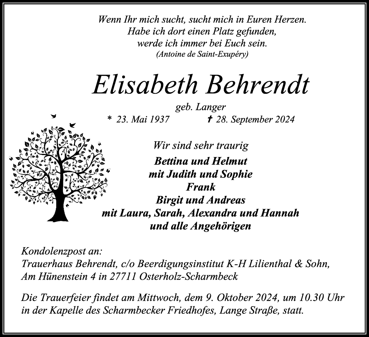 Traueranzeige von Elisabeth Behrendt von Osterholzer Kreisblatt