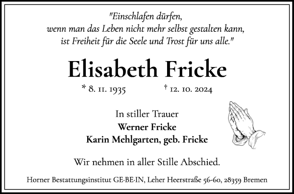 Traueranzeige von Elisabeth Fricke von WESER-KURIER