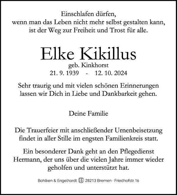 Traueranzeige von Elke Kikillus von WESER-KURIER