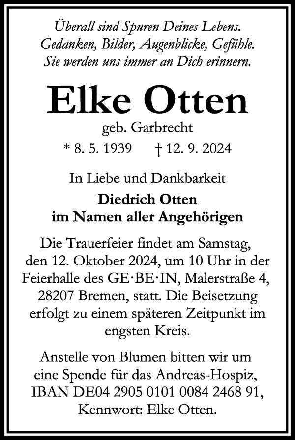 Traueranzeige von Elke Otten von WESER-KURIER