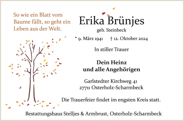 Traueranzeige von Erika Brünjes von Osterholzer Kreisblatt