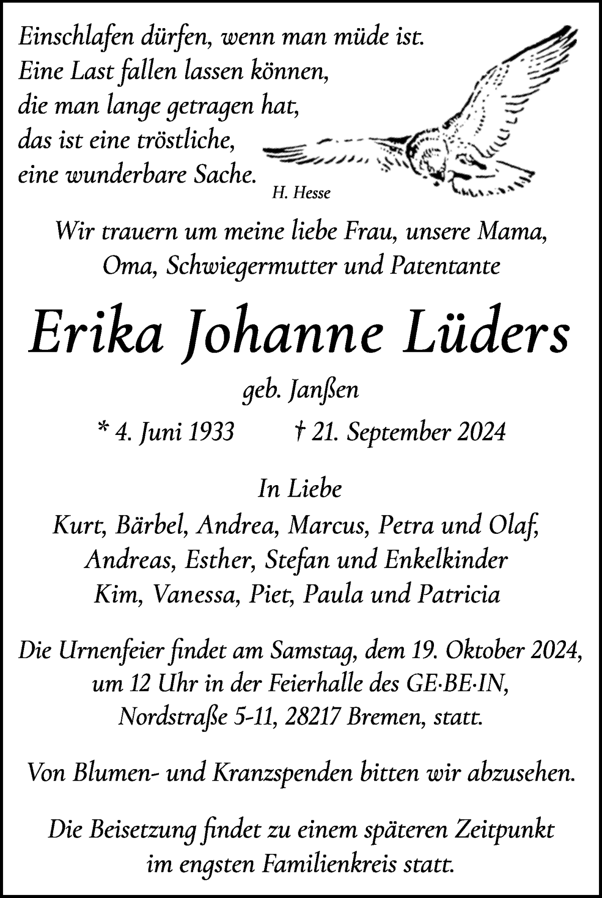 Traueranzeige von Erika Johanne Lüders von WESER-KURIER
