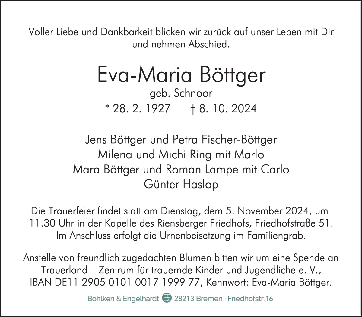 Traueranzeige von Eva-Maria Böttger von WESER-KURIER