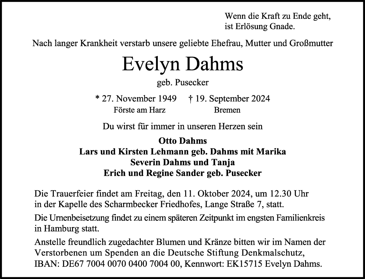 Traueranzeige von Evelyn Dahms von Osterholzer Kreisblatt